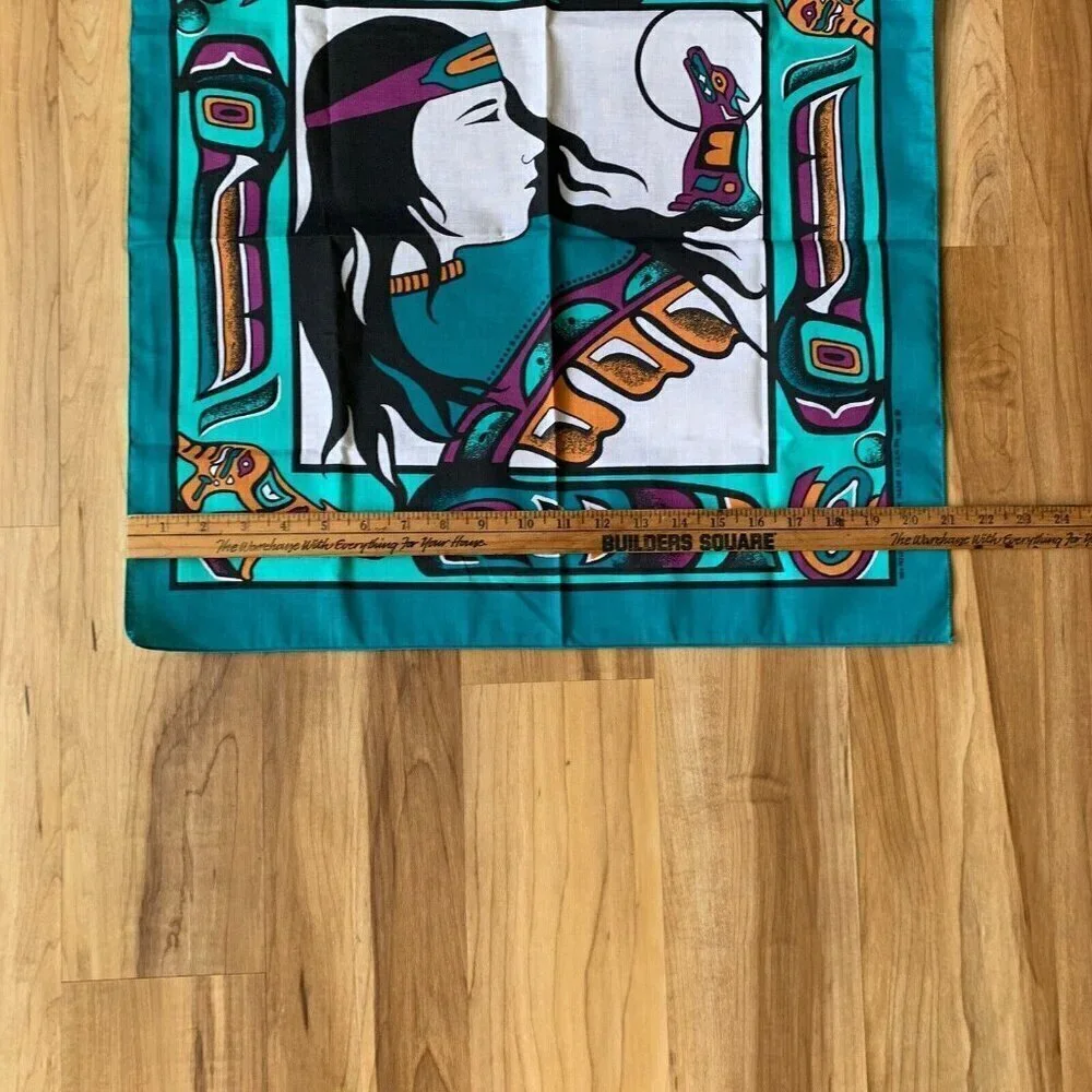 Vintage Aztec Southwestern Cotton Poly Turquoise Handkerchief Bandana USA 21”